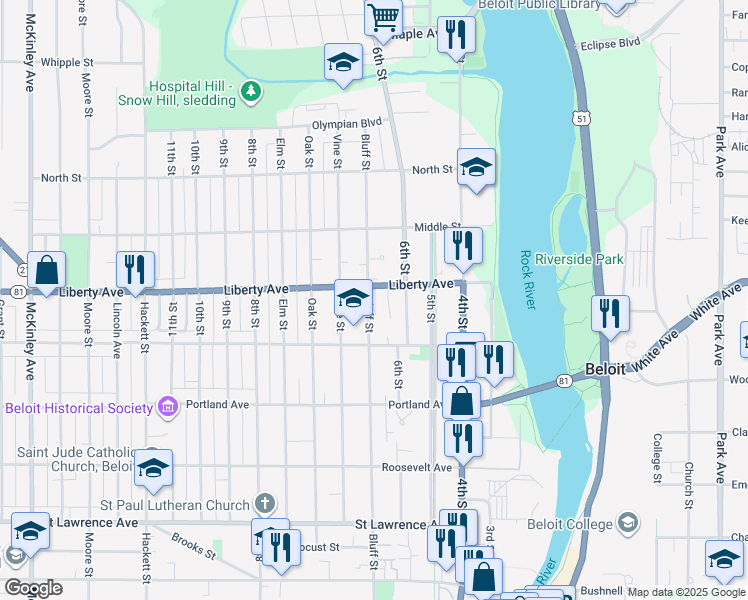 map of restaurants, bars, coffee shops, grocery stores, and more near 1031 Bluff Street in Beloit