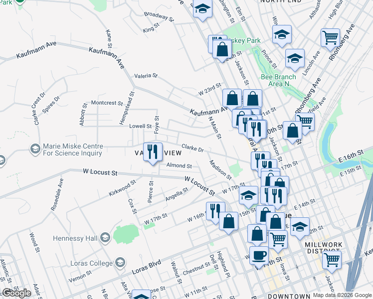 map of restaurants, bars, coffee shops, grocery stores, and more near 437 Almond St in Dubuque