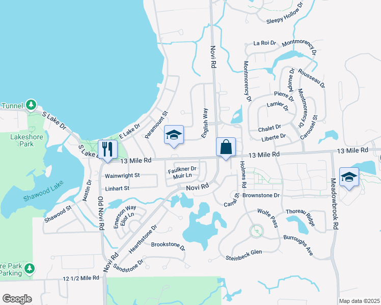 map of restaurants, bars, coffee shops, grocery stores, and more near 42500 13 Mile Road in Novi