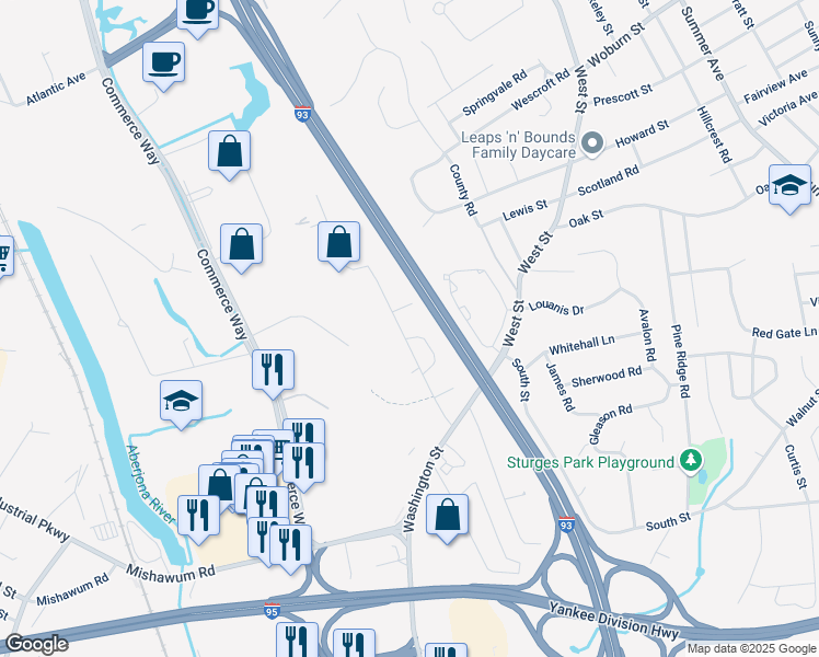 map of restaurants, bars, coffee shops, grocery stores, and more near 14 Dragon Court in Woburn