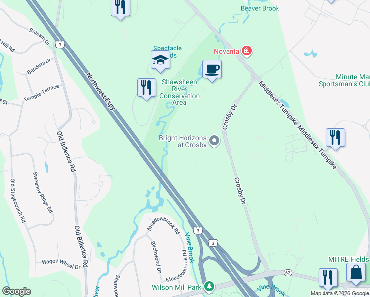 map of restaurants, bars, coffee shops, grocery stores, and more near 34 Crosby Drive in Bedford