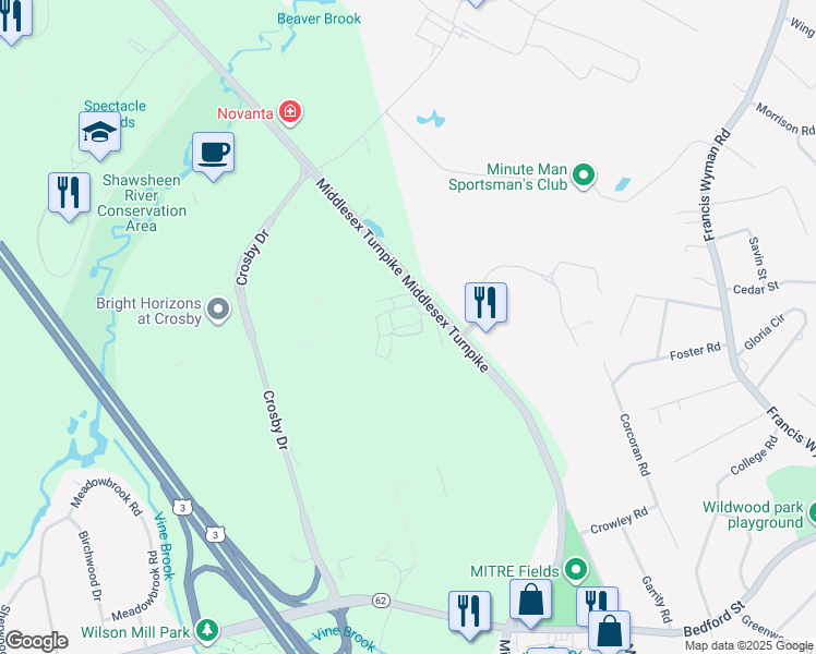 map of restaurants, bars, coffee shops, grocery stores, and more near Thompson Farm in Bedford