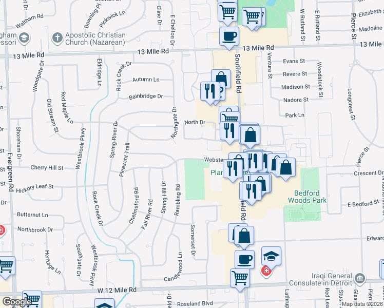 map of restaurants, bars, coffee shops, grocery stores, and more near 29950 Rambling Road in Southfield