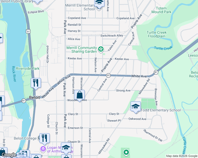 map of restaurants, bars, coffee shops, grocery stores, and more near 1119 Prairie Avenue in Beloit