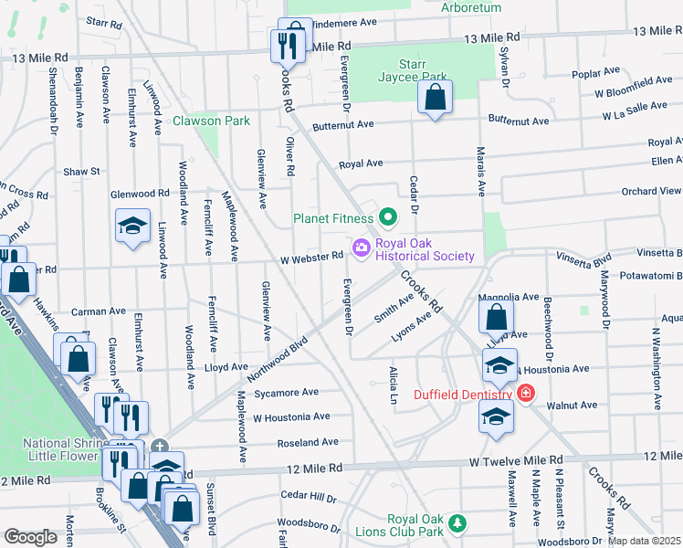 map of restaurants, bars, coffee shops, grocery stores, and more near 2418 Galpin Avenue in Royal Oak