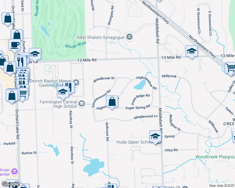 map of restaurants, bars, coffee shops, grocery stores, and more near 29924 Highmeadow Road in Farmington Hills