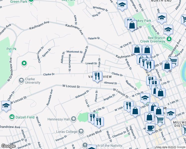 map of restaurants, bars, coffee shops, grocery stores, and more near 621 Merchants in Dubuque