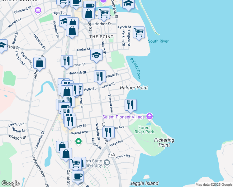 map of restaurants, bars, coffee shops, grocery stores, and more near 18 Bertram Terrace in Salem