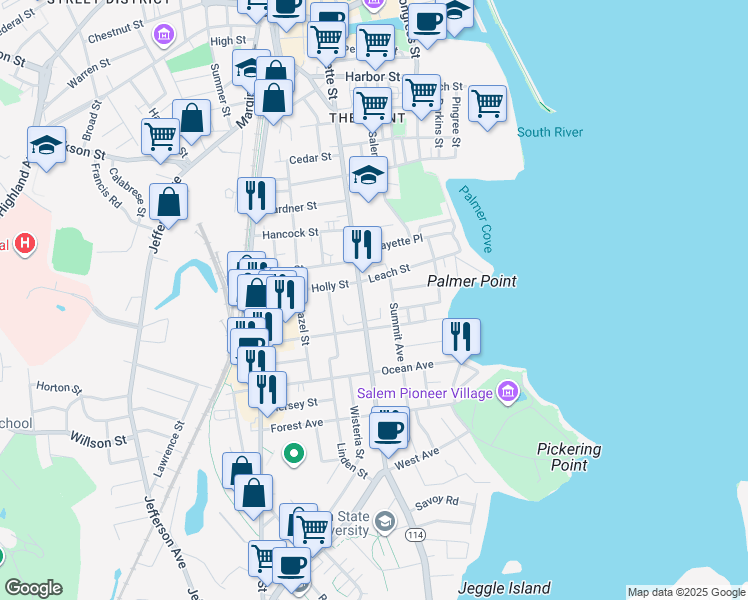 map of restaurants, bars, coffee shops, grocery stores, and more near 259 Lafayette Street in Salem