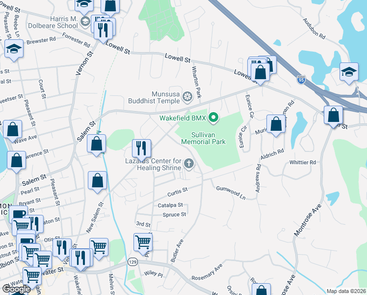 map of restaurants, bars, coffee shops, grocery stores, and more near 30 Bellevue Avenue in Wakefield