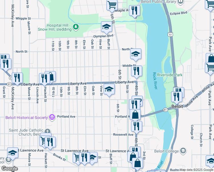 map of restaurants, bars, coffee shops, grocery stores, and more near 1031 Vine Street in Beloit