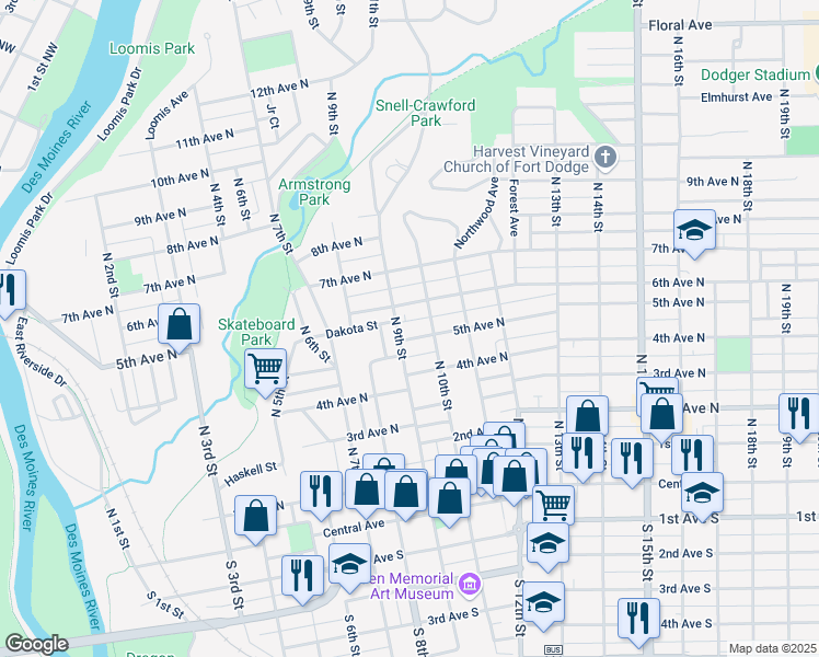 map of restaurants, bars, coffee shops, grocery stores, and more near 915 5th Avenue North in Fort Dodge