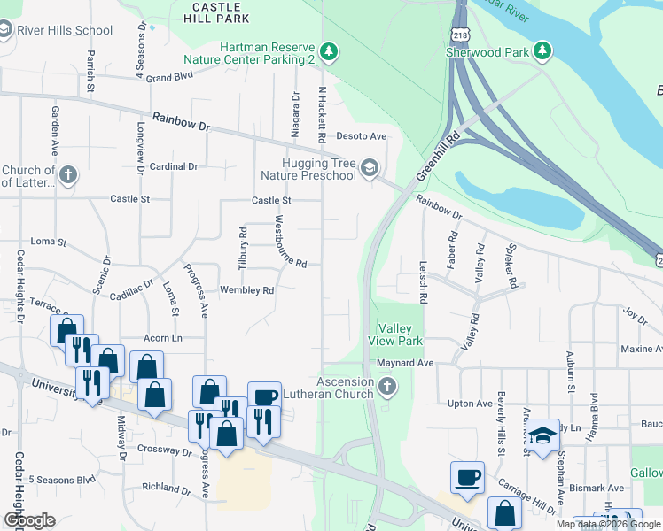 map of restaurants, bars, coffee shops, grocery stores, and more near 319 South Hackett Road in Waterloo