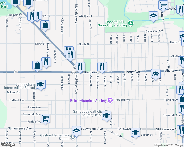 map of restaurants, bars, coffee shops, grocery stores, and more near 1220 East Liberty Avenue in Beloit