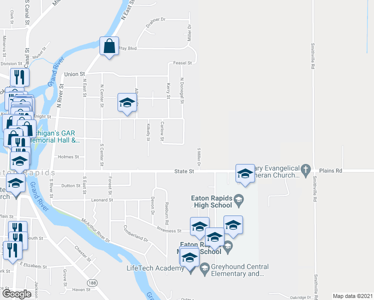 map of restaurants, bars, coffee shops, grocery stores, and more near 200 South Miller Drive in Eaton Rapids
