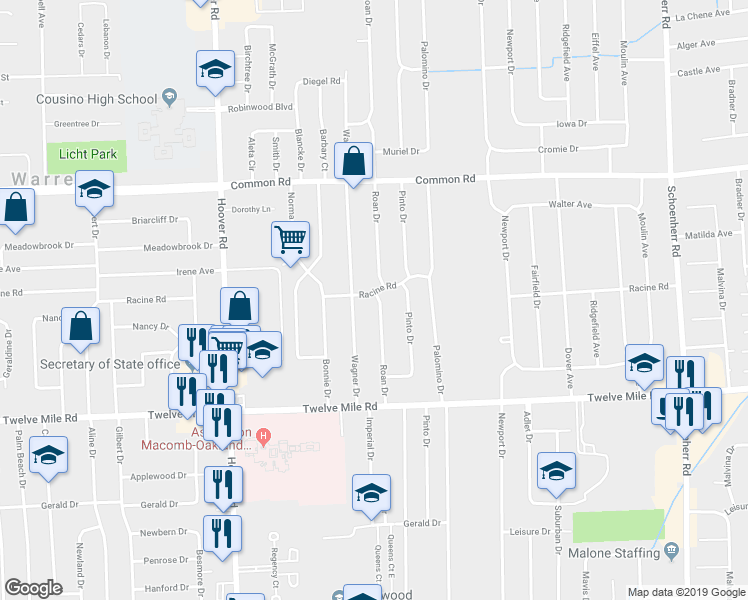 map of restaurants, bars, coffee shops, grocery stores, and more near 29385 Roan Drive in Warren