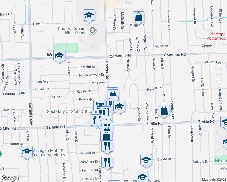 map of restaurants, bars, coffee shops, grocery stores, and more near 29408 Hoover Road in Warren