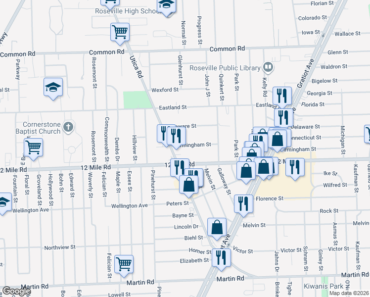 map of restaurants, bars, coffee shops, grocery stores, and more near 17975 Twelve Mile Road in Roseville