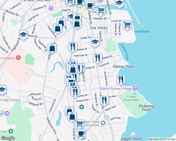 map of restaurants, bars, coffee shops, grocery stores, and more near 9 Linden Street in Salem