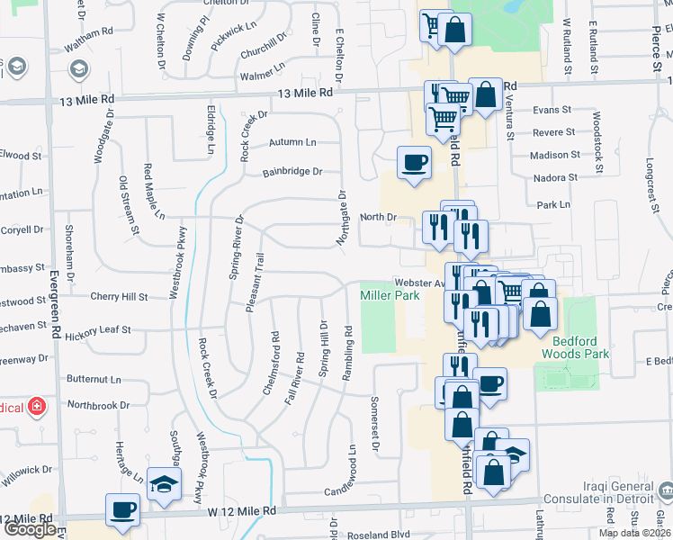 map of restaurants, bars, coffee shops, grocery stores, and more near 18652 Webster Avenue in Southfield