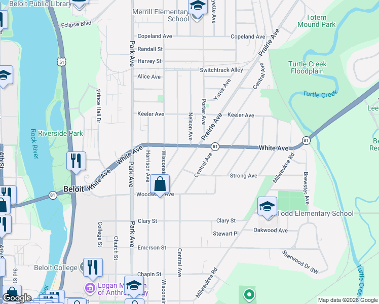 map of restaurants, bars, coffee shops, grocery stores, and more near 1136 Prairie Avenue in Beloit