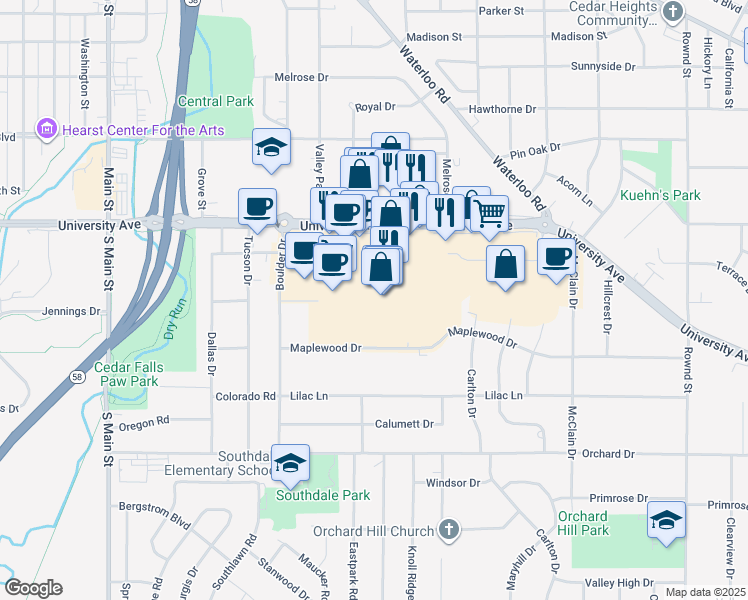 map of restaurants, bars, coffee shops, grocery stores, and more near 1 College Square Mall in Cedar Falls