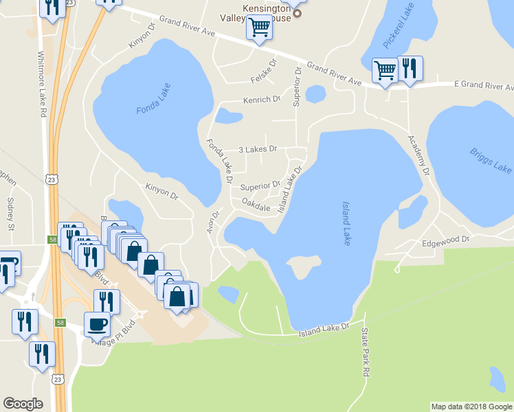 map of restaurants, bars, coffee shops, grocery stores, and more near 6221 Oakdale in Brighton