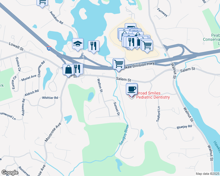 map of restaurants, bars, coffee shops, grocery stores, and more near 10 Sunset Drive in Wakefield