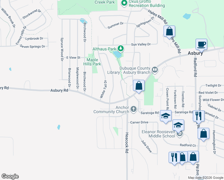 map of restaurants, bars, coffee shops, grocery stores, and more near 2316 Antler Ridge Drive in Dubuque