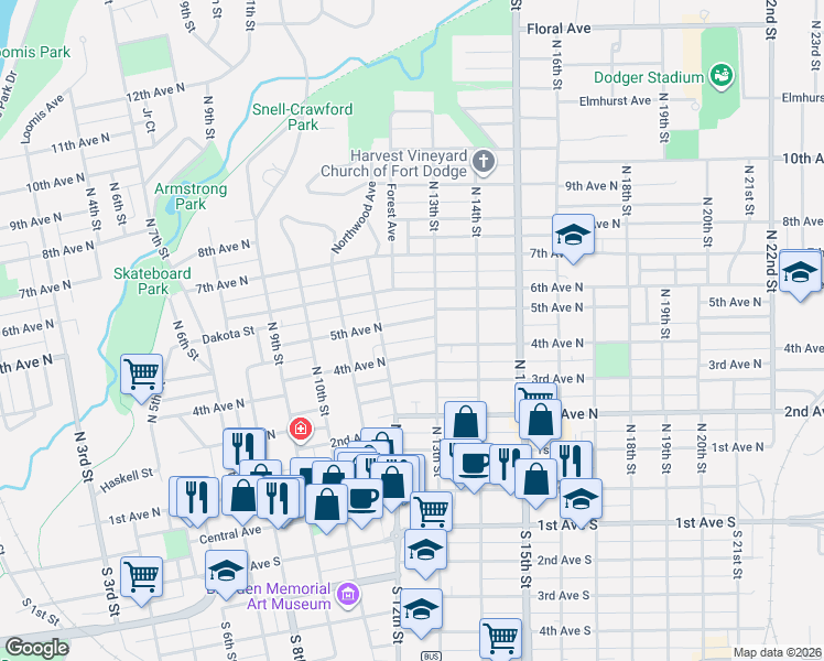 map of restaurants, bars, coffee shops, grocery stores, and more near 1224 4th Avenue North in Fort Dodge