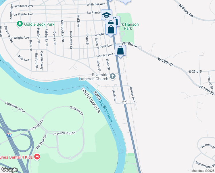map of restaurants, bars, coffee shops, grocery stores, and more near 1733-1757 Nash Street in Sioux City