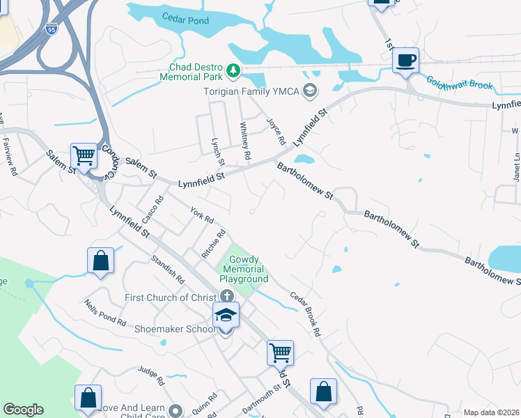 map of restaurants, bars, coffee shops, grocery stores, and more near 1 Pearl Street in Peabody