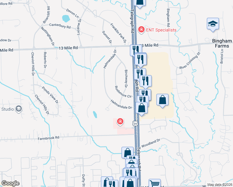 map of restaurants, bars, coffee shops, grocery stores, and more near 30375 Rushmore Circle in Franklin