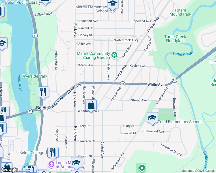 map of restaurants, bars, coffee shops, grocery stores, and more near 1119 Prairie Avenue in Beloit