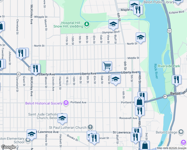 map of restaurants, bars, coffee shops, grocery stores, and more near 1026 Elm Street in Beloit