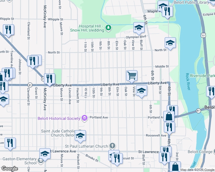 map of restaurants, bars, coffee shops, grocery stores, and more near 1025 9th Street in Beloit