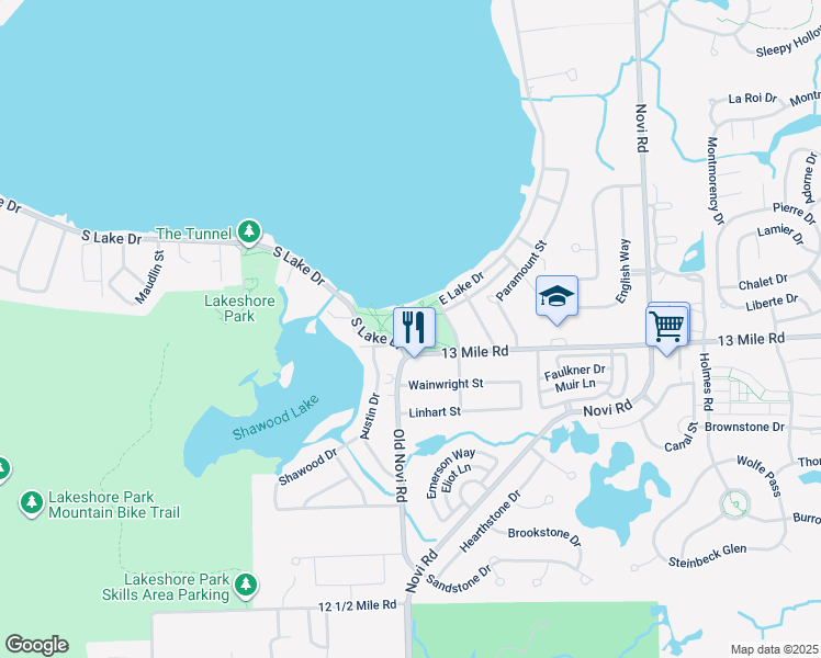 map of restaurants, bars, coffee shops, grocery stores, and more near 43390 West 13 Mile Road in Novi