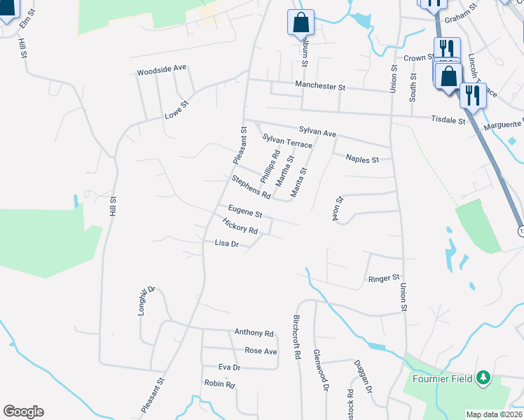 map of restaurants, bars, coffee shops, grocery stores, and more near 17 Hunter Street in Leominster
