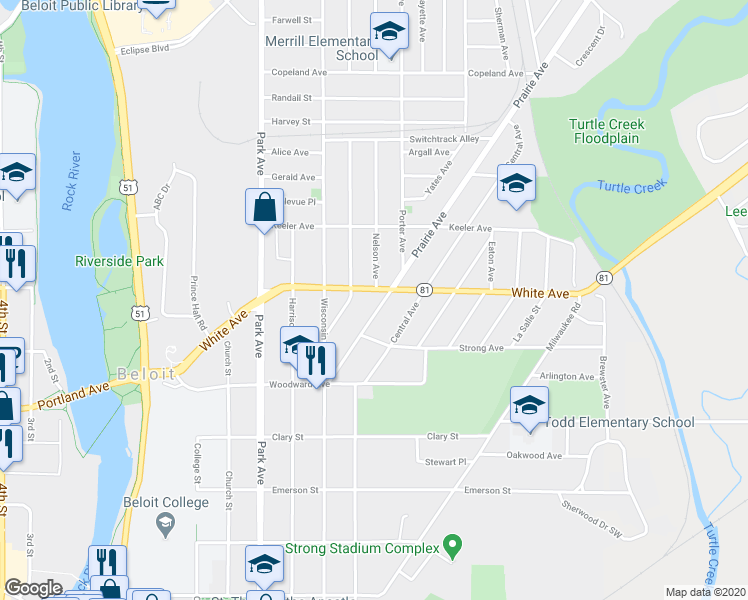 map of restaurants, bars, coffee shops, grocery stores, and more near 1136 Prairie Avenue in Beloit