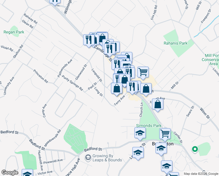 map of restaurants, bars, coffee shops, grocery stores, and more near 30 Arthur Woods Avenue in Burlington