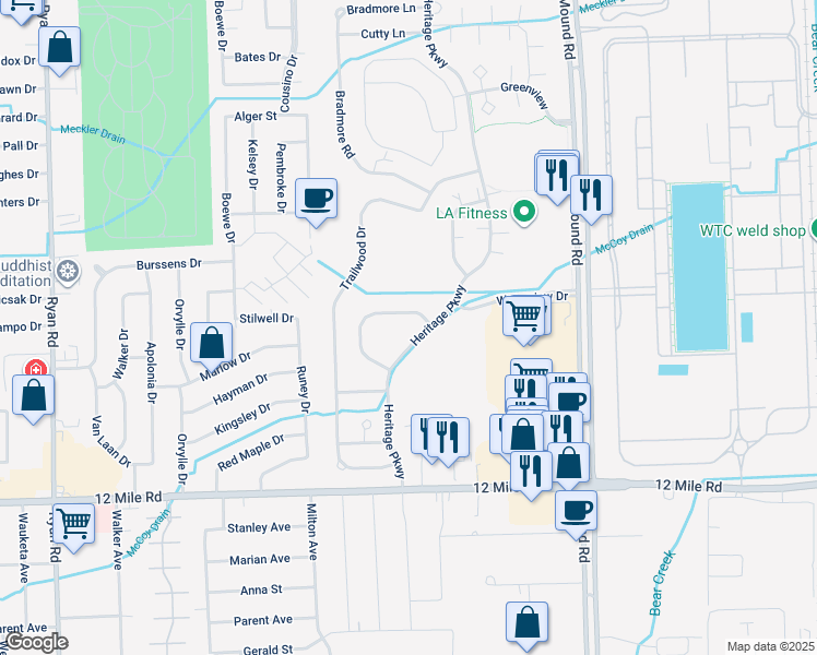 map of restaurants, bars, coffee shops, grocery stores, and more near 29583 Woodpark Circle in Warren