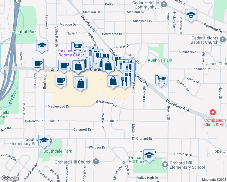 map of restaurants, bars, coffee shops, grocery stores, and more near 5911 University Avenue in Cedar Falls