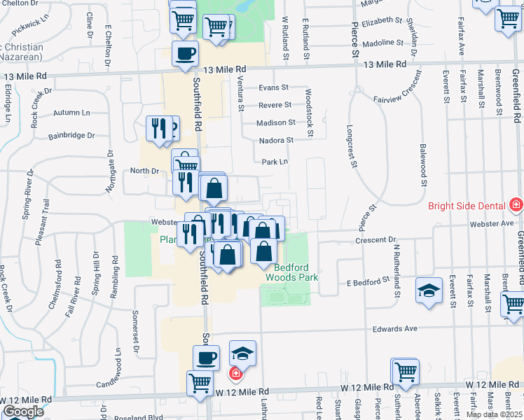 map of restaurants, bars, coffee shops, grocery stores, and more near 30236 Southfield Road in Southfield