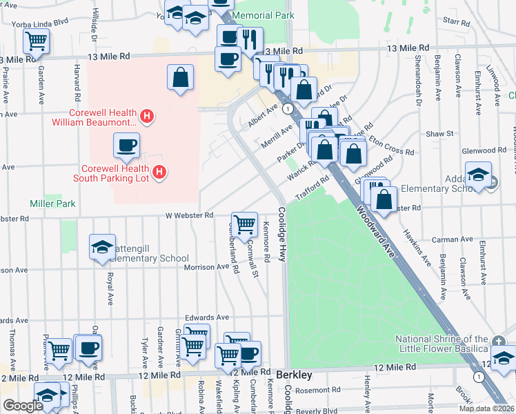 map of restaurants, bars, coffee shops, grocery stores, and more near 3214 Warick Road in Royal Oak