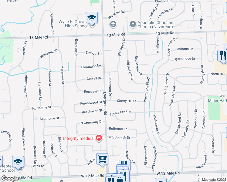 map of restaurants, bars, coffee shops, grocery stores, and more near 30390 Shoreham Drive in Southfield