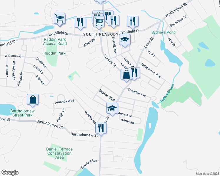 map of restaurants, bars, coffee shops, grocery stores, and more near 12 Winnegance Avenue in Peabody