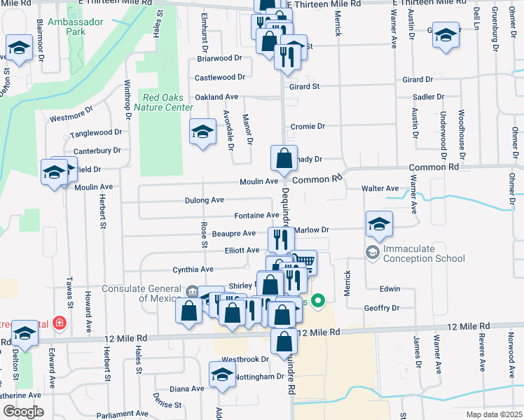 map of restaurants, bars, coffee shops, grocery stores, and more near 1659 Dulong Avenue in Madison Heights