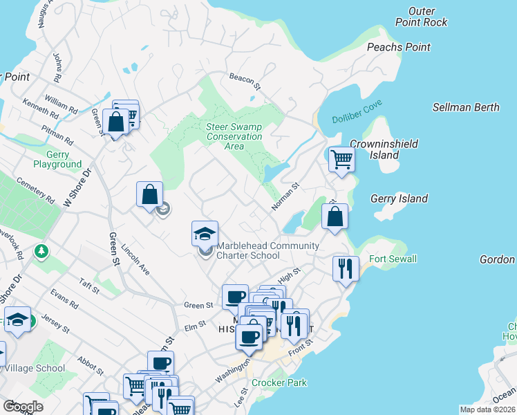 map of restaurants, bars, coffee shops, grocery stores, and more near 3 Black Joe's Trail in Marblehead
