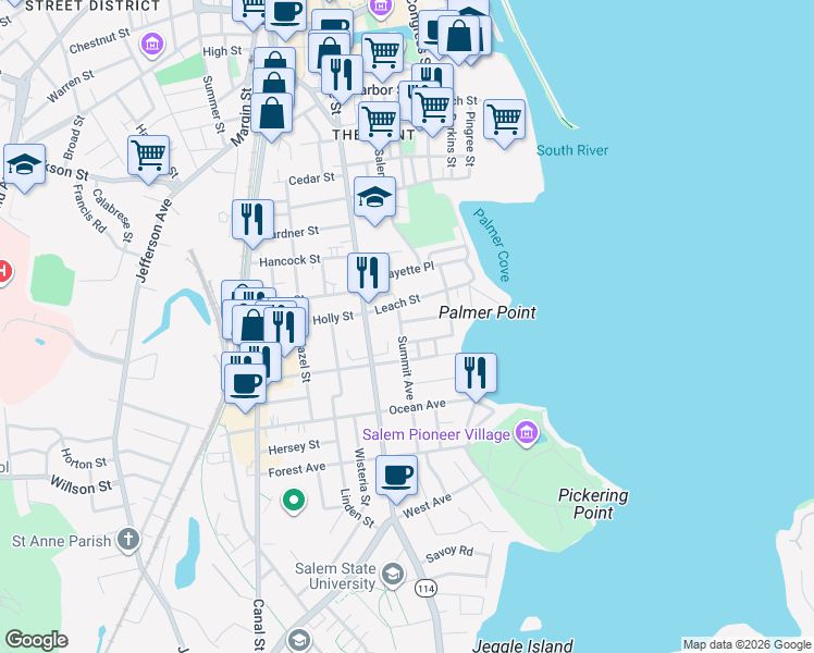 map of restaurants, bars, coffee shops, grocery stores, and more near 38 Leach Street in Salem