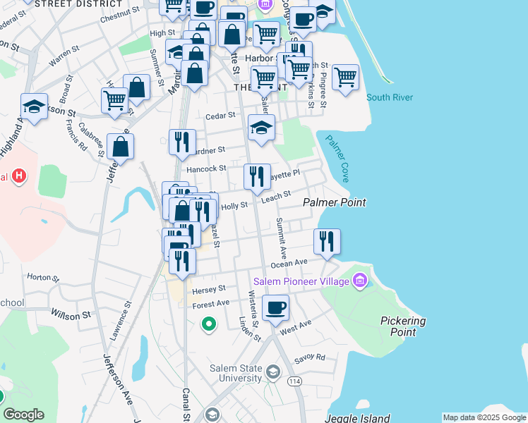 map of restaurants, bars, coffee shops, grocery stores, and more near 235 Lafayette Street in Salem